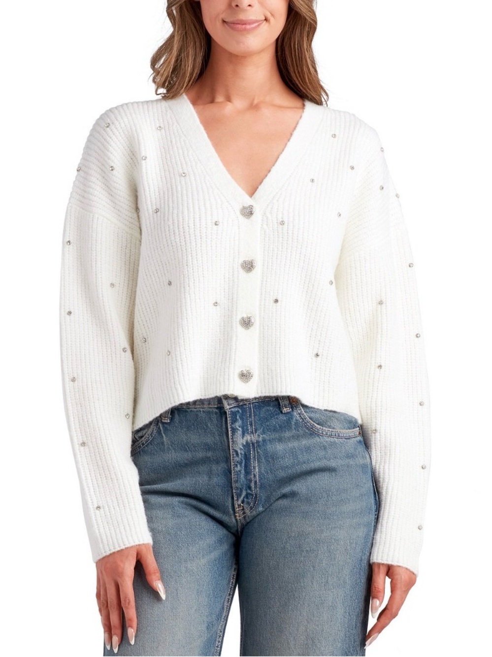 White V-Neck Heart Rhinestone Buttons Studded Knit Sweater